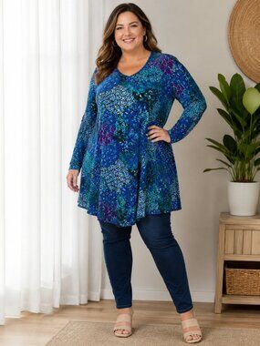 BAISHENG GT Long Sleeve Peacock Color V-Neck Tunic 2XL